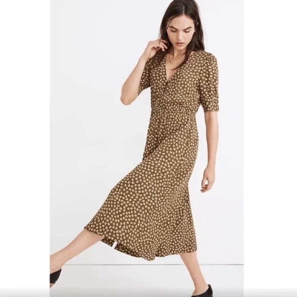 knee length dresses for ladies Navy/Olive Floral Print Puff Sleeve Midi Dress Final Sale! S main image 0